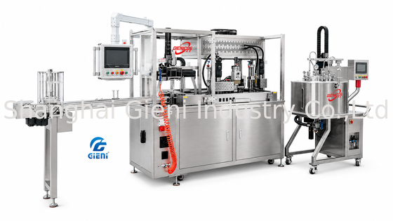 เครื่องบรรจุลิปสติกอัตโนมัติเต็มรูปแบบ GLU-900 ระบบปั๊มอัตโนมัติ ถังเคลื่อนที่ 30 ลิตร อุปกรณ์ Mitsubishi PLC